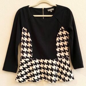 Neiman Marcus Houndstooth Peplum Top Black White Long Sleeve Zipper Womens M